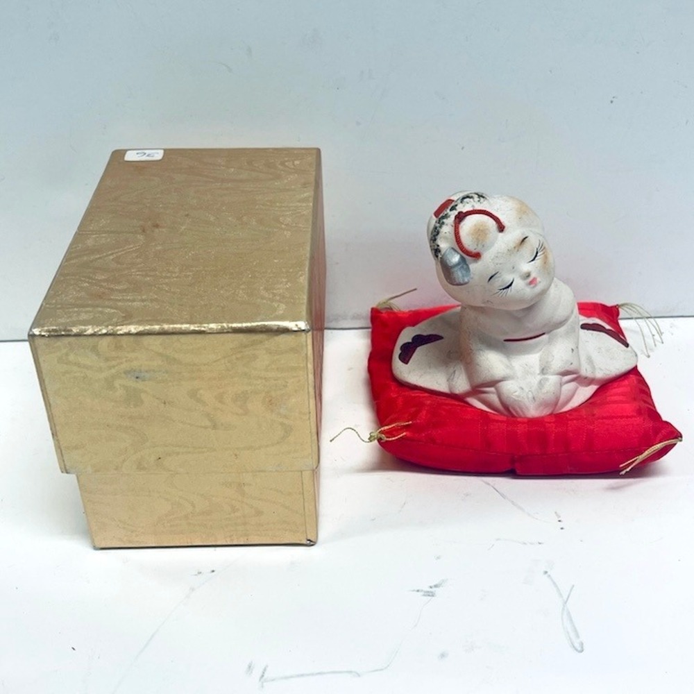 Vintage Hakata Urasaki Japanese Bisque Doll Figurine with Red Cushion and Box